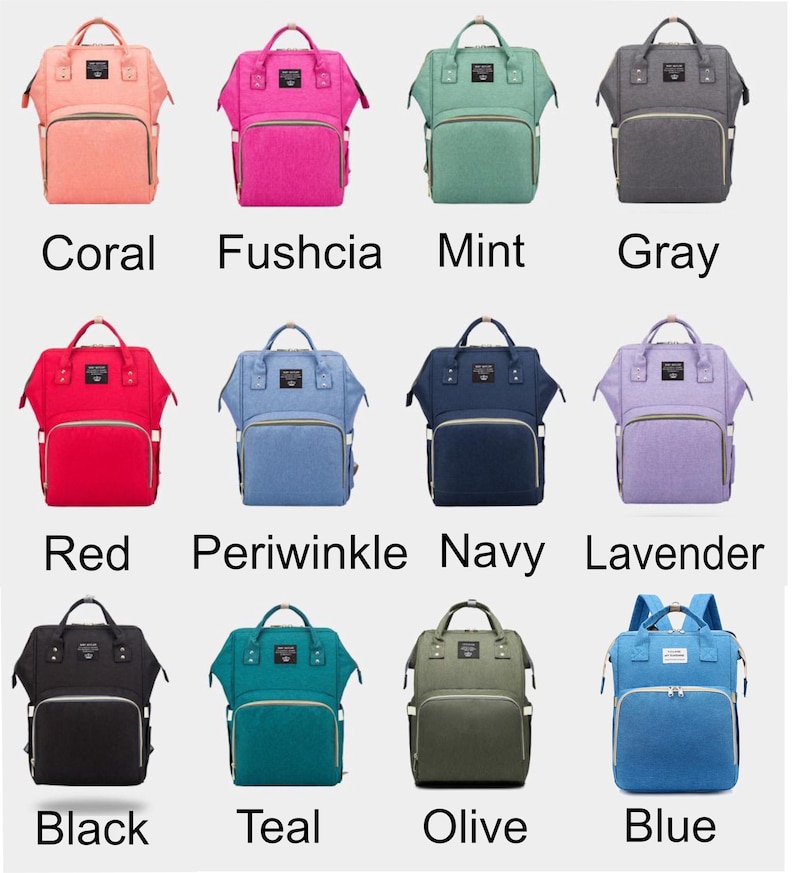 available diaper bag colors; coral, fuschia, mint, gray, red, periwinkle, navy, lavender, black, teal blue, olive, blue