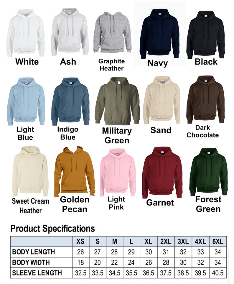PERSONALIZED COUPLE HOODIE COLOR CHART AND SIZE CHART