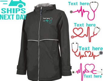 Monogrammed Nurse Rain Jacket: Heart Stethoscope, Personalized Charles River Jacket
