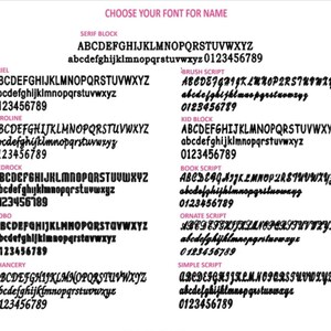 May include: A chart showing different font styles for names. The fonts include Serif Block, Ariel, Caroline, Bedrock, Bobo, Chancery, Brush Script, Kid Block, Book Script, Ornate Script, and Simple Script. Each font style shows the uppercase alphabet, lowercase alphabet, and numbers 0-9.