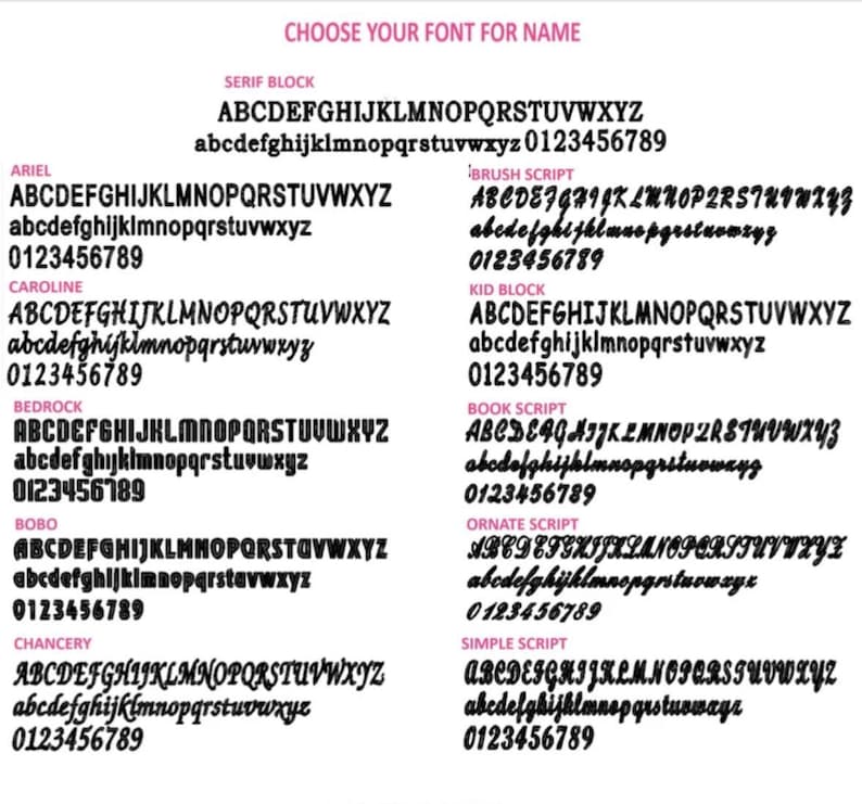 May include: A chart showing different font styles for names. The fonts include Serif Block, Ariel, Caroline, Bedrock, Bobo, Chancery, Brush Script, Kid Block, Book Script, Ornate Script, and Simple Script. Each font style shows the uppercase alphabet, lowercase alphabet, and numbers 0-9.