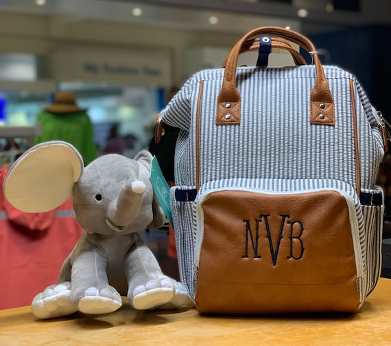 Monogrammed Seersucker Diaper Bag Backpack: Large Capacity Travel Nappy Bag
