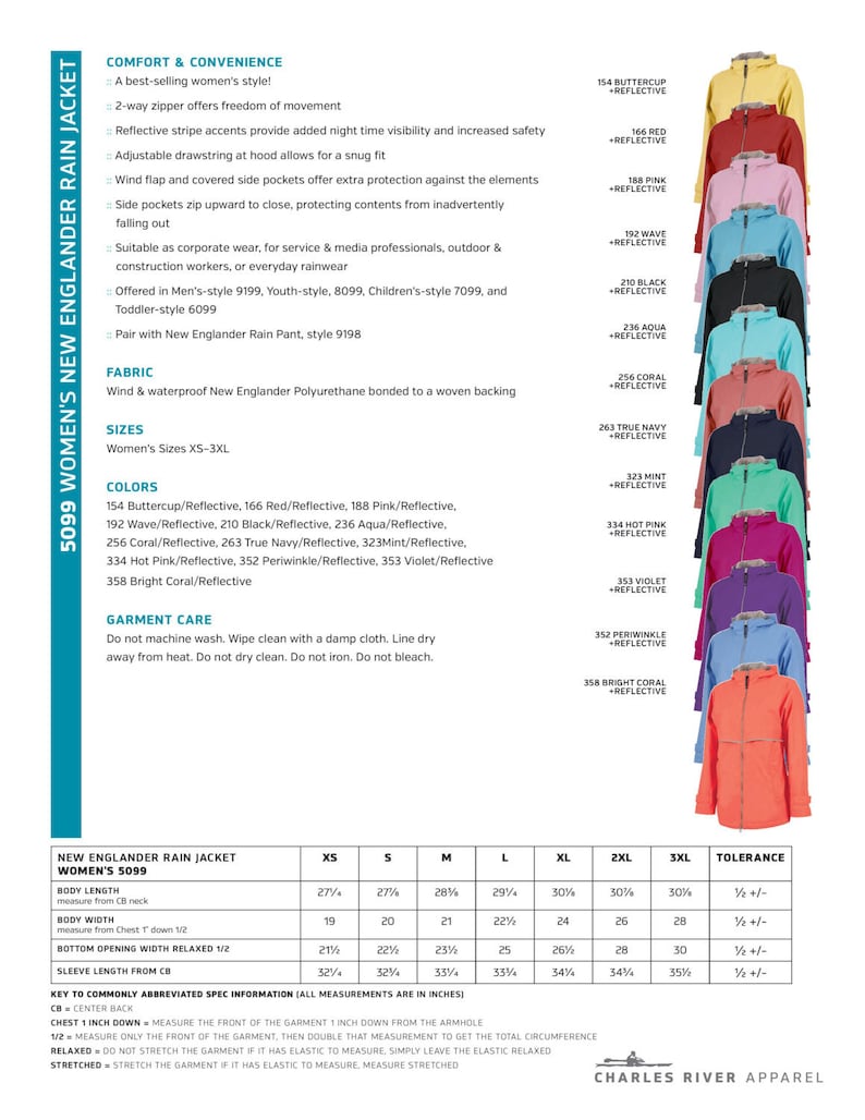 May include: A women's New Englander rain jacket in various colors with reflective accents. The jacket features a two-way zipper, adjustable hood, side pockets, and a wind flap. The size chart is included with measurements in inches.