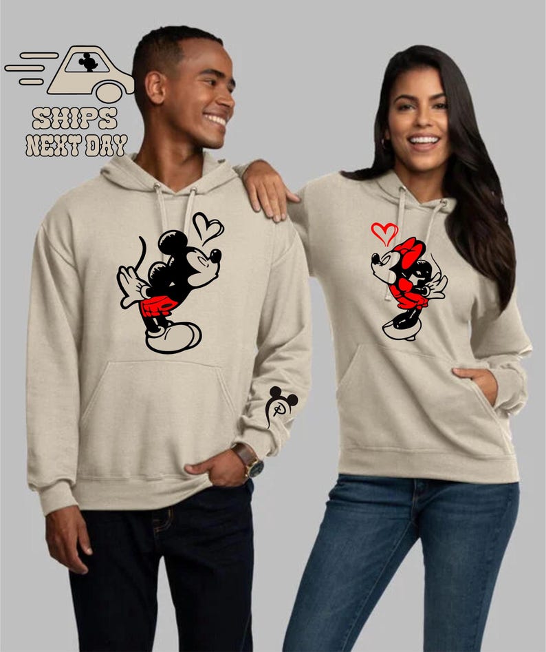 Couple matching hoodie with minnie mouse and Mickley mouse. Couples initials are on sleeve