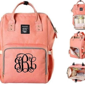 Multi functional diaper bag backpack. monogrammed diaper bag. Coral diaperbag with 3 initila vine monogram
