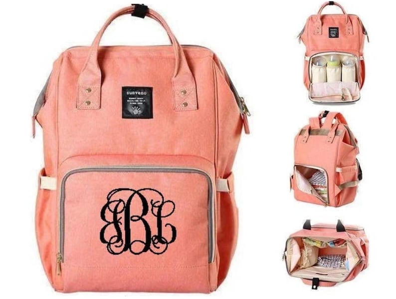 Multi functional diaper bag backpack. monogrammed diaper bag. Coral diaperbag with 3 initila vine monogram