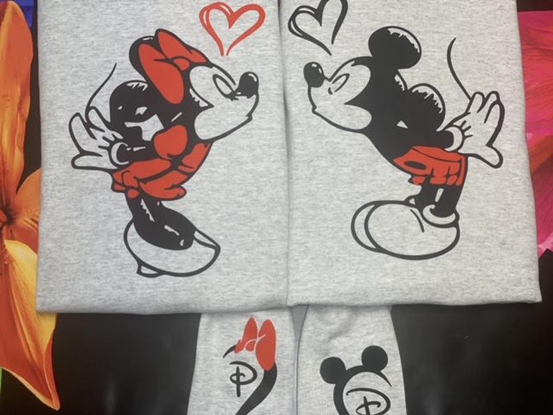 ash sweatshirt with minnie and mickey mouse on front and initials on the sleeve