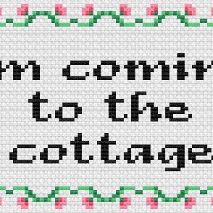 Może przedstawiać: Wzór haftu krzyżykowego z napisem "I'm coming to the cottage" czarnymi literami. Tekst jest wyśrodkowany na białym tle, obramowany zieloną bordiurą z różowymi kwiatami. Urocza, ręcznie robiona estetyka cottagecore.