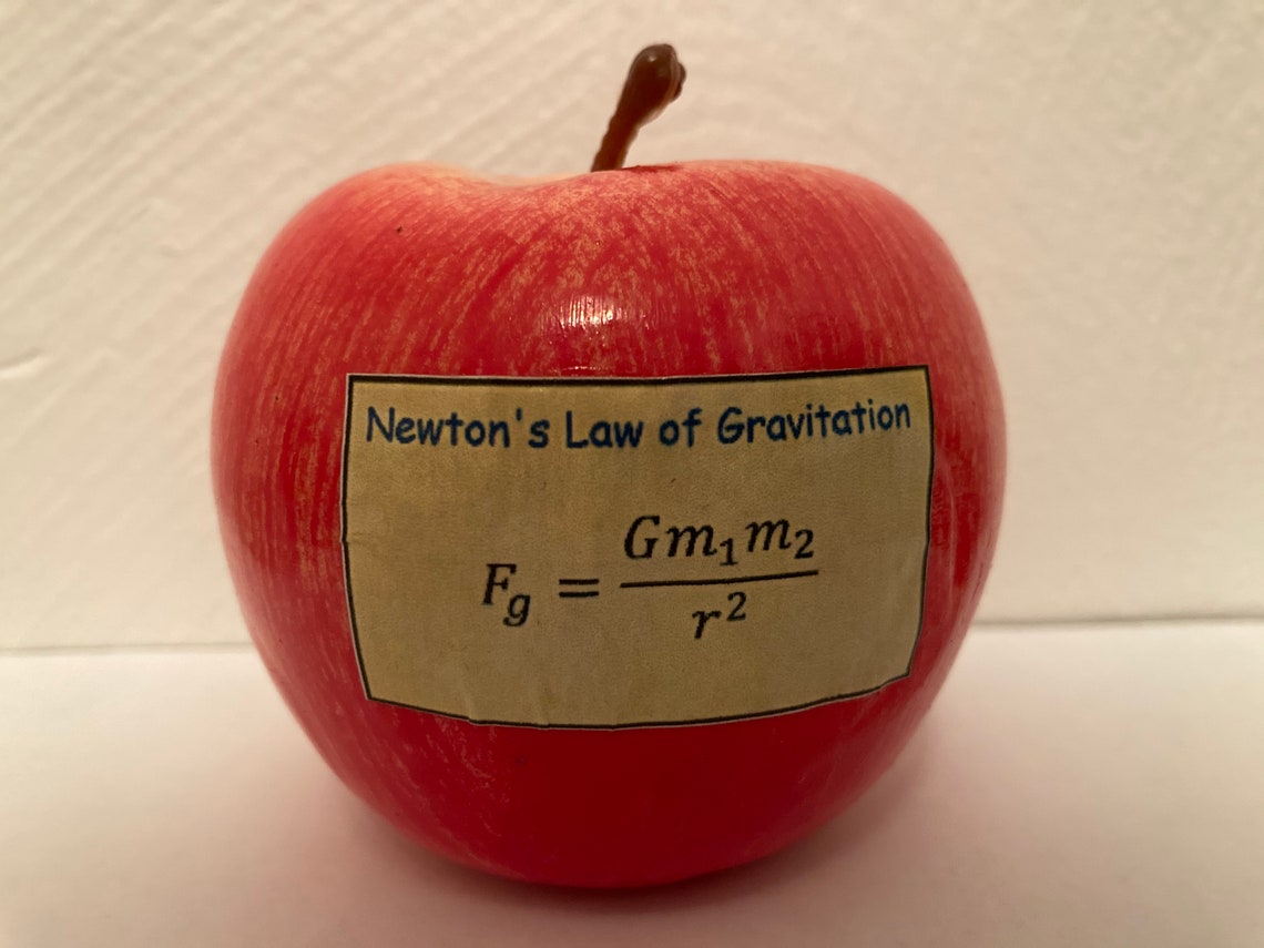 Isaac Newton Portrait and Famous Gravity Equation on a Plastc Foam Apple for Desktop or Bookself