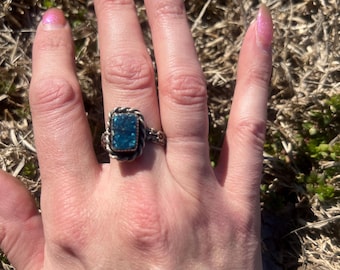 Hand cabbed Blue illoladite Sterling Silver ring with filigree band. Size 10