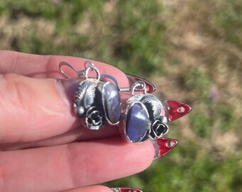 Hand Crafted Earring with Purple Austraillian Boulder Opal, Rose and Leaf.