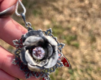 Hand-Crafted Sterling Rose Pendant: 2 Pink Karat Moissanite