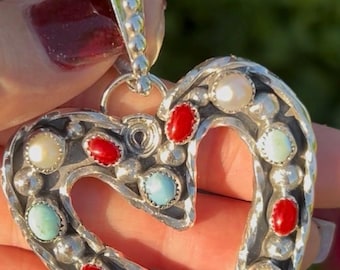 Handmade Sterling Silver Heart Pendant: Turquoise, Pearl & Coral
