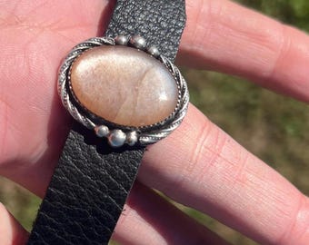 Hand-Crafted Sunstone and Sterling Silver Bracelet with leather band
