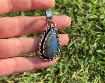 Natural Blue Labradorite and Sterling Silver Pendant