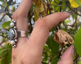Hand-crafted Golden Hills turquoise and faux pearl sterling silver ring.