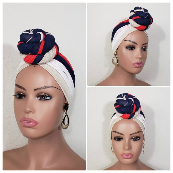 Turban Hat | Headwrap | Blue White Red Pre-tied Headwrap for Women | Pretied Turban for Women | Jersey Stretch Spandex Turban