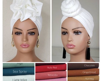 Turban | Turban fleuri | Turban à gros noeuds | Bandeau blanc cassé | Bandeau prénoué blanc cassé | Turban pré-noué | Turban en jersey extensible et élasthanne