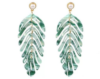 Leaf Resin Drop Earrings in Green | Chandelier Earrings | Green Earrings | Green Drop Earrings | Women's Earrings | Womens Jewelry