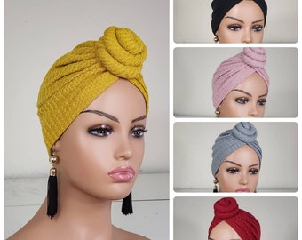 Waffle Knit Fabric Turban | Pretied Headwrap | Medium Knot Pre-tied Headwrap | Medium Knot Pre-tied Turban | 4 Way Stretch Spandex Turban