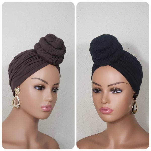 Turban | Headwrap | Black Pre-tied Headwraps | Brown Turban | Pretied Turban for Women | Jersey Stretch Spandex Turban