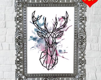 Geometric Deer Cross Stitch Pattern Instant Download Watercolor