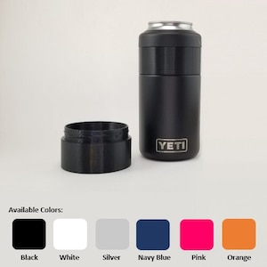 May include: A black YETI Rambler 12 oz. can insulator with a silver lid. Available colors: black, white, silver, navy blue, pink, and orange.