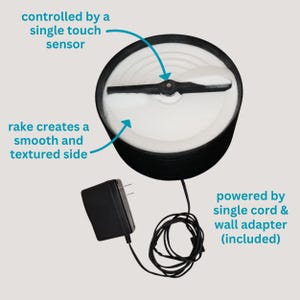 May include: A black and white electric snow cone maker with a single touch sensor. The snow cone maker has a rake that creates a smooth and textured side. The snow cone maker is powered by a single cord and wall adapter (included).