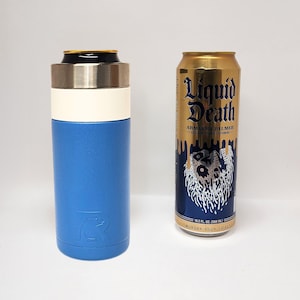 May include: A blue and white insulated can cooler next to a gold and blue can of Liquid Death Armless Palmer iced tea. The can cooler has a blue base, white middle section, and a silver top. The can is 19.2 fl oz (568 ml).