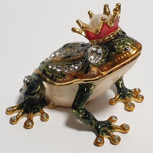 Jewelry box, frog with crown trinket box, enameled metal box with Swarovski crystals 2.4 inch (6 cm)