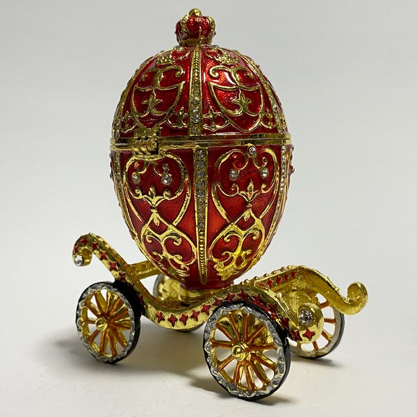 Carriage jewlery box faberge egg, enameled metal trinket box, keepsake box with Swarovski crystals 4 inch (10 cm)