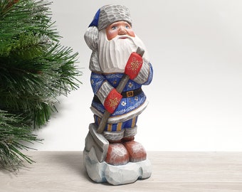 Hand Carved Santa Claus Figurine with Shovel Wooden Santa Doll Santa Figure Wood Carving 7 inch (18 cm)