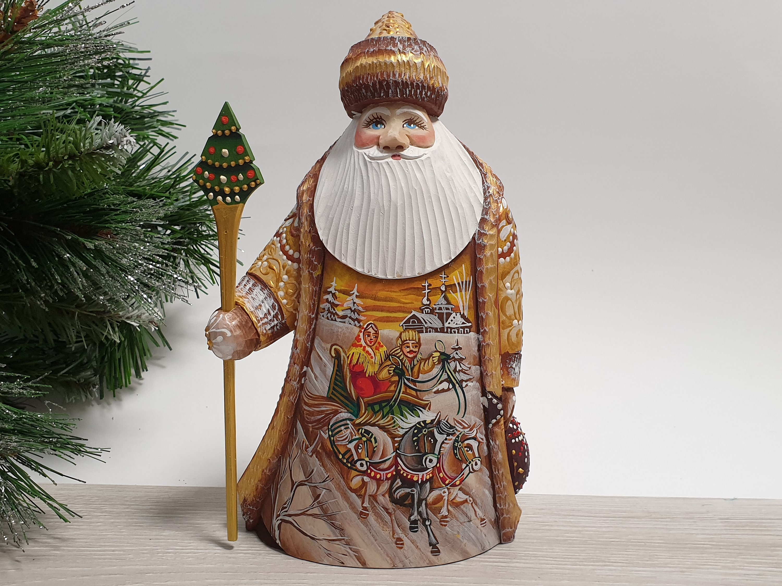 Hand Carved Wooden Santa Claus Figurine Russian Santa Figure Etsy