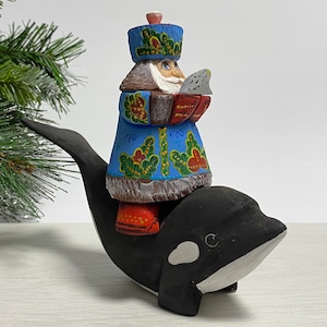 Hand carved Santa Claus on orca, wooden Santa figurine, wood carving Ukrainian Christmas decor 6.4 inch (16 cm)