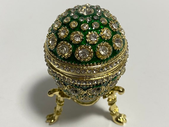 Faberge Egg With Clock, Enameled Metal Box, Keepsake Box