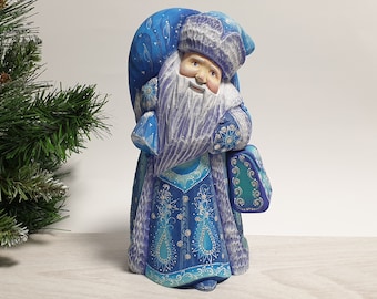 Hand Carved Wooden Santa Claus Figurine, Hand Painted Santa Figure, Ukrainian Santa Doll Father Frost Wood Carving 9.2 inch (23 cm)