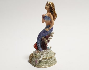 Jewelry box, mermaid figurine trinket box, enameled metal box with Swarovski crystals 4.2 inch (10.5 cm)
