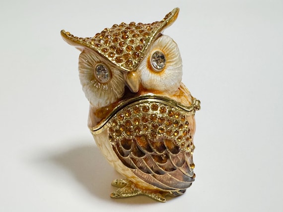 フクロウの小物入れ、鳥のジュエリーボックス、スワロフスキー