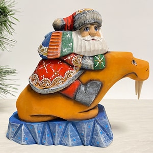 Wooden Santa Claus on walrus, hand carved Santa figurine, wood carving animal, Ukrainian Christmas gift 6 inch (15 cm)