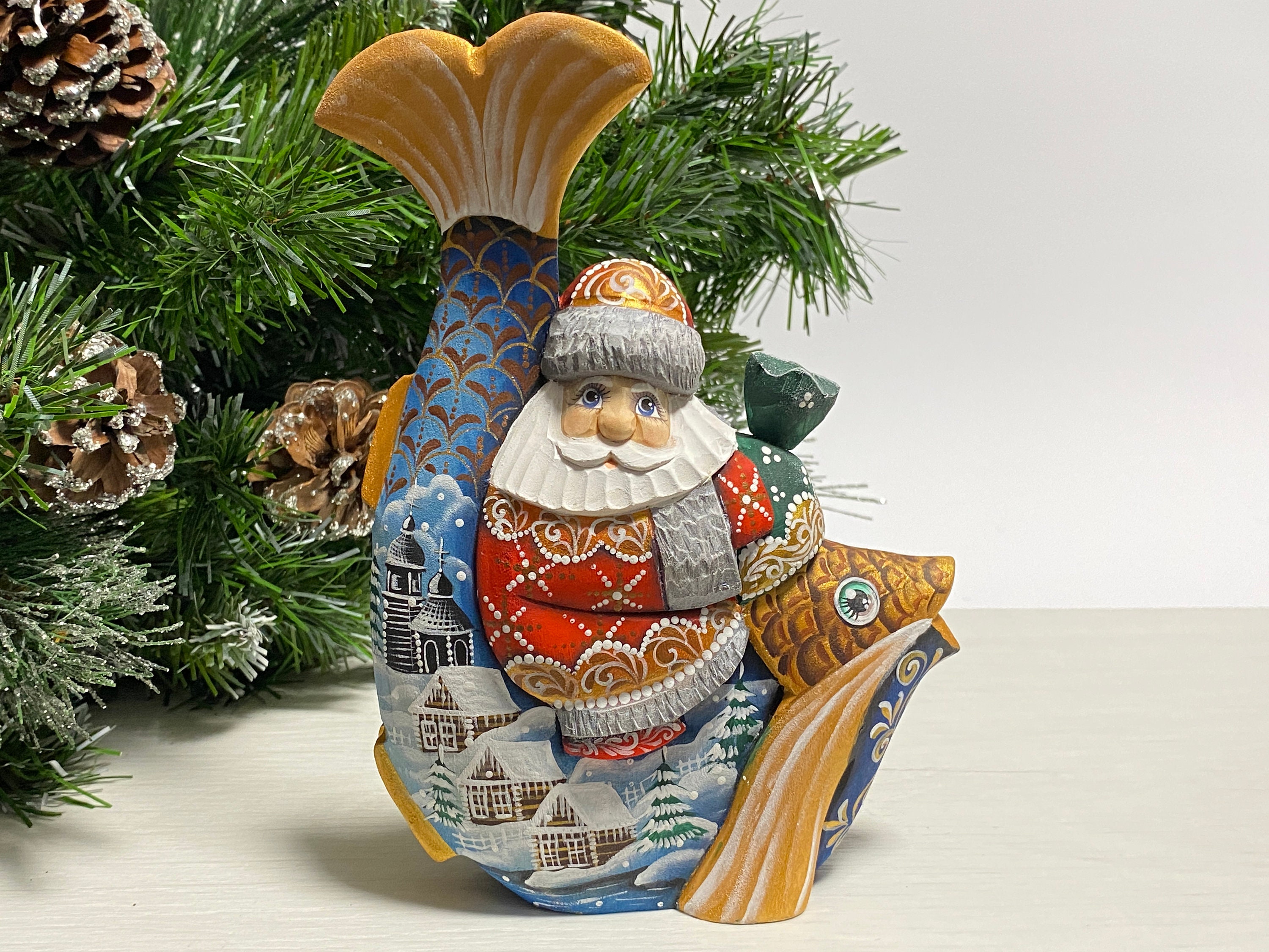Wooden Santa on a fish, hand carved Santa Claus figurine, wood carving Father Frost, Ukrainian Christmas gift 7.6 inches (19 cm)