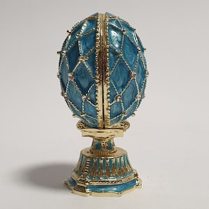 Faberge Egg with Temple Model Inside, Enameled Metal Box with Swarovski Crystals 2.6 inch (6.5 cm)