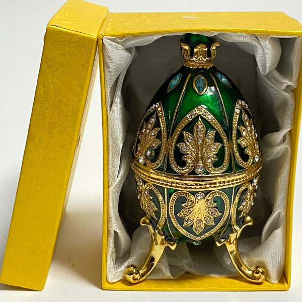 Faberge egg jewlery box, enameled metal trinket box, keepsake box with Swarovski crystals 4.6 inch (11.5 cm)