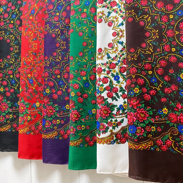 Foulard kokum ukrainien, châle boho piano babushka, foulard carré slave, tissu floral