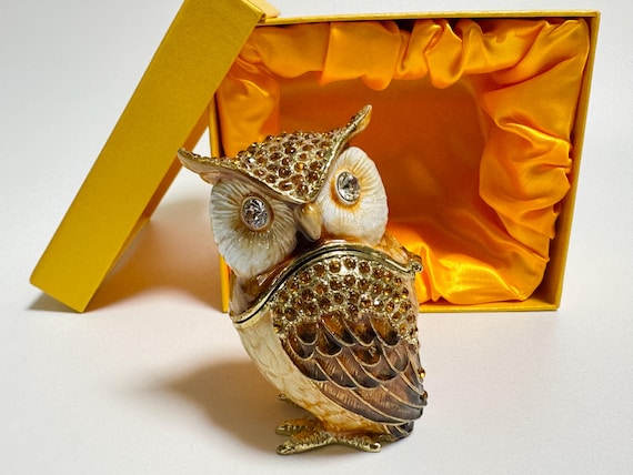 フクロウの小物入れ、鳥のジュエリーボックス、スワロフスキー