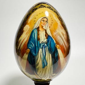 Ukrainian wooden Easter egg with stand, hand painted Orthodox Icon, religious decor 10 inch (25 cm)