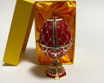 Faberge Egg with Temple Model Inside, Enameled Metal Box with Swarovski Crystals 3 inch (7.5 cm)