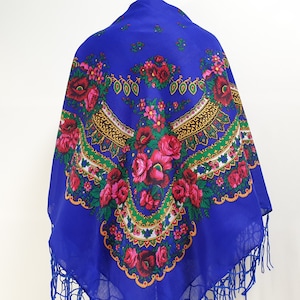 Bufanda Babushka con flecos, chal de piano ucraniano, bufanda cuadrada eslava, tejido floral popular