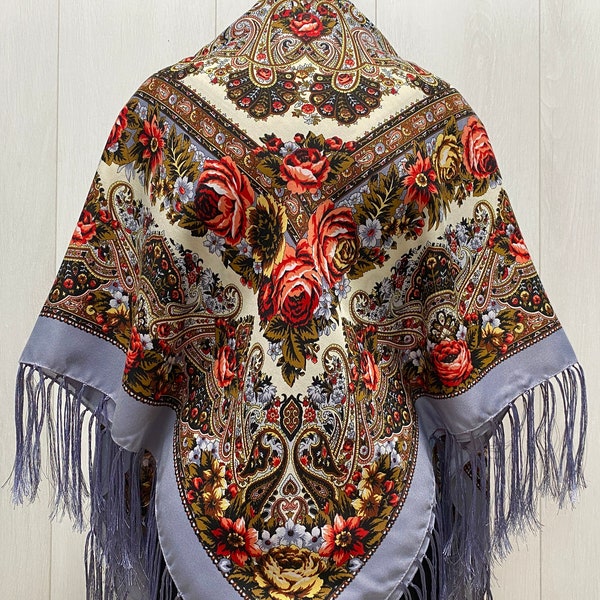 Babushka scarf with fringe, Ukrainian piano boho shawl, Slavic square head scarf, folk floral fabric