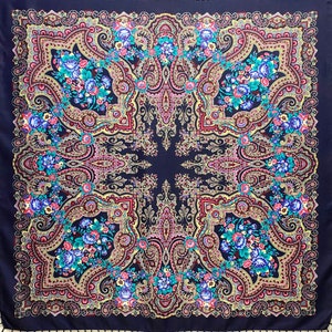 Ukrainian scarf with fringe, babushka piano boho shawl, Slavic square head scarf, floral fabric