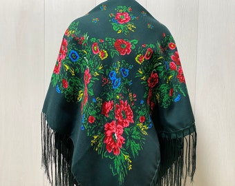 Ukrainian scarf with fringe, babushka piano boho shawl, Slavic square head scarf, floral fabric